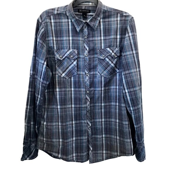 Pearl‎ Snap Men's Blue Gray Plaid Long-Sleeve Button-Up Size M. Western. Rodeo - Picture 1 of 10